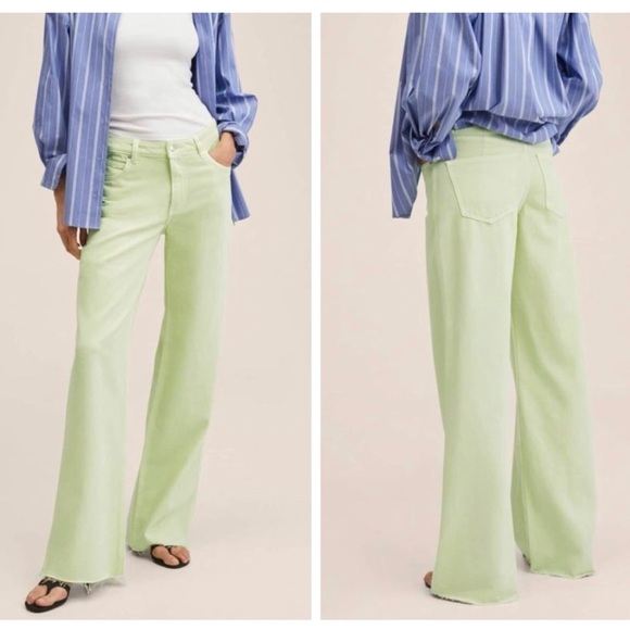 MNG by Mango Wide Leg Raw‎ Hem Jeans | Pistachio Green | Size 0 (EU 32) - Picture 1 of 16